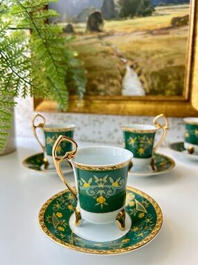 🌴Amazing Czechoslovakian Fine Porcelain Floral Demitasse Cup & Saucer-Pair of 2